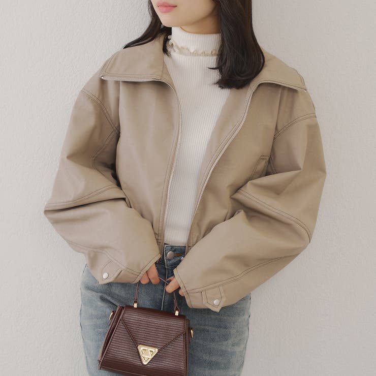 美品★CYCLAS★クロップド丈ノーカラーショートブルゾン★ダブルジップ 美品☆CYCLAS☆クロップド丈ノーカラーショートブルゾン☆ダブル