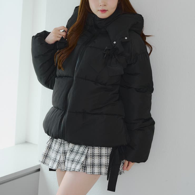 ブラック | リボンが可愛いガーリーアウター♪2WAYリボン中綿ミドル丈ブルゾン | RMAF　NICE CLAUP / OLIVE des OLIVE