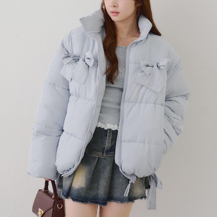 サックス | リボンが可愛いガーリーアウター♪2WAYリボン中綿ミドル丈ブルゾン | RMAF　NICE CLAUP / OLIVE des OLIVE