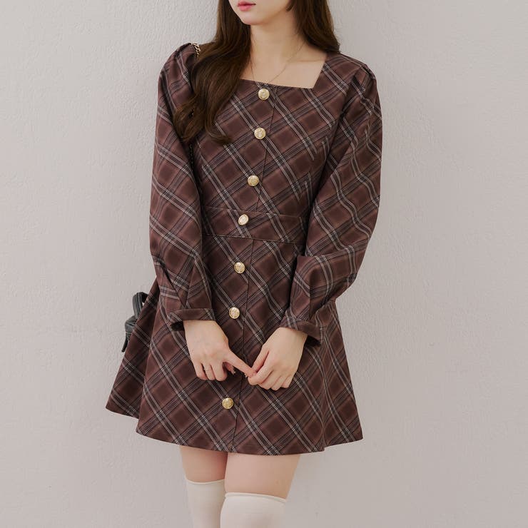 りぃ❣️ アンサンブルチェックミニワンピース ブラウン スクエアチェックミニワンピース[品番：OLOW0016767]｜RMAF NICE