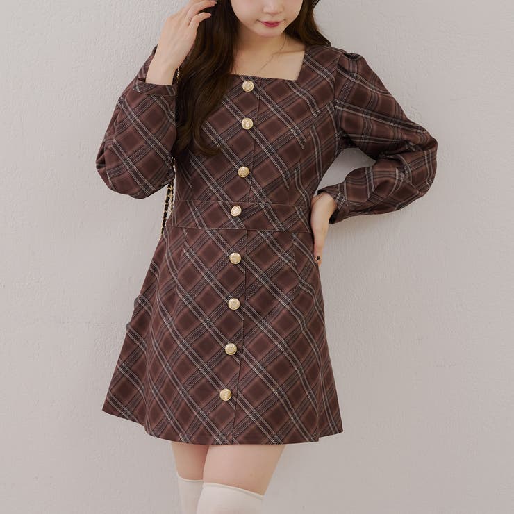 りぃ❣️ アンサンブルチェックミニワンピース ブラウン スクエアチェックミニワンピース[品番：OLOW0016767]｜RMAF NICE
