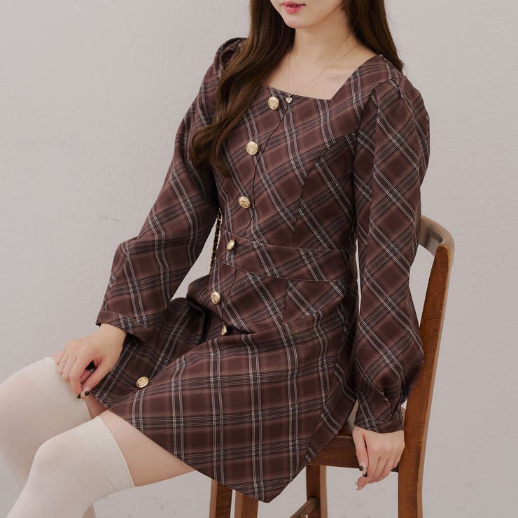 ブラウン | スクエアチェックミニワンピース | RMAF NICE CLAUP / OLIVE des OLIVE