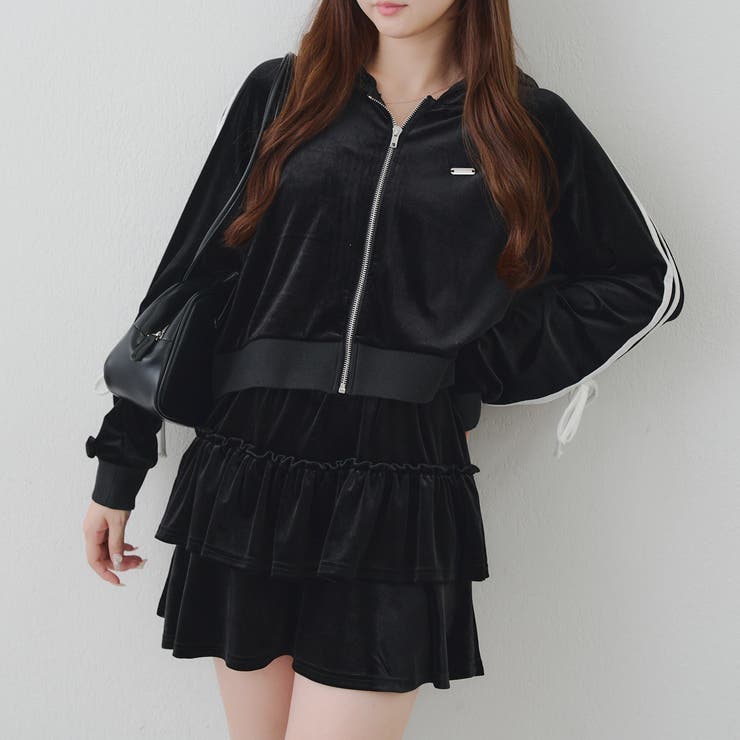 ブラック | 【セットアップ】袖リボンベロアパーカー & ミニスカート | RMAF　NICE CLAUP / OLIVE des OLIVE