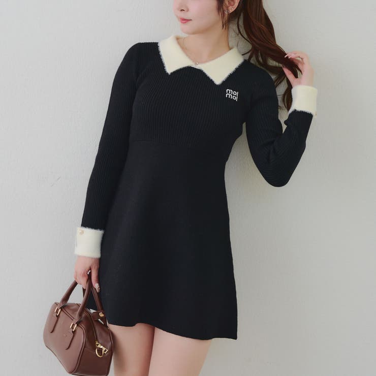 ブラック | フェザー衿リブニットワンピース | RMAF　NICE CLAUP / OLIVE des OLIVE