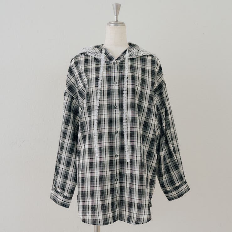 ブラック | チェックフードレース付ブラウス | NICE CLAUP / OLIVE des OLIVE　OUTLET