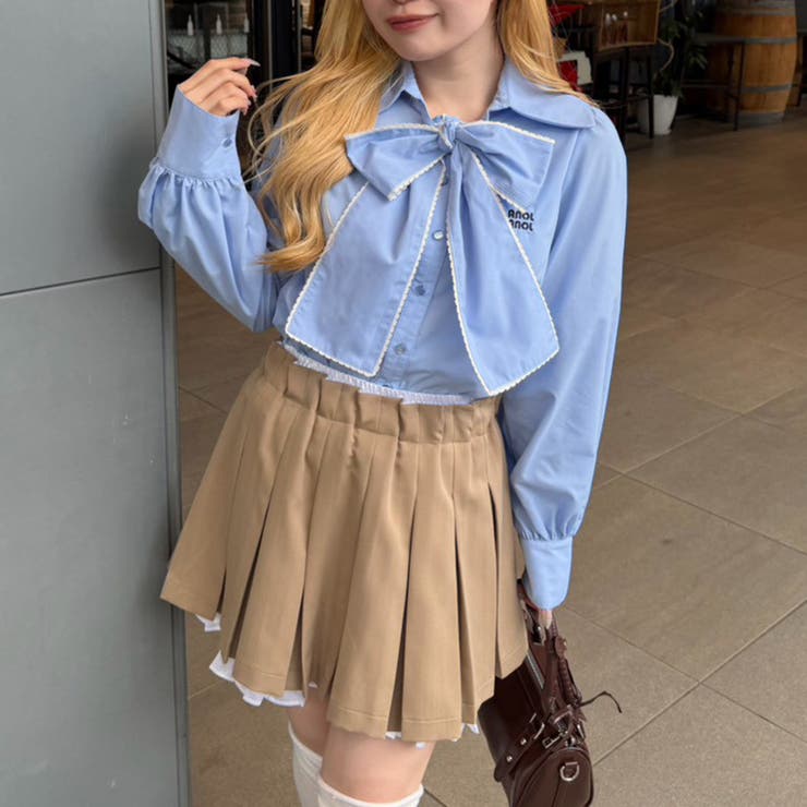 ブルー | ピコレースボウタイブラウス | NICE CLAUP / OLIVE des OLIVE　OUTLET