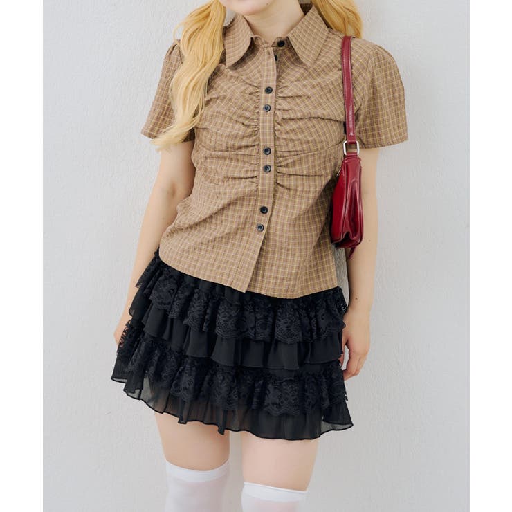 ブラウン | チェックシャーリングブラウス | NICE CLAUP / OLIVE des OLIVE　OUTLET