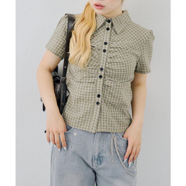 カーキ | チェックシャーリングブラウス | NICE CLAUP / OLIVE des OLIVE　OUTLET