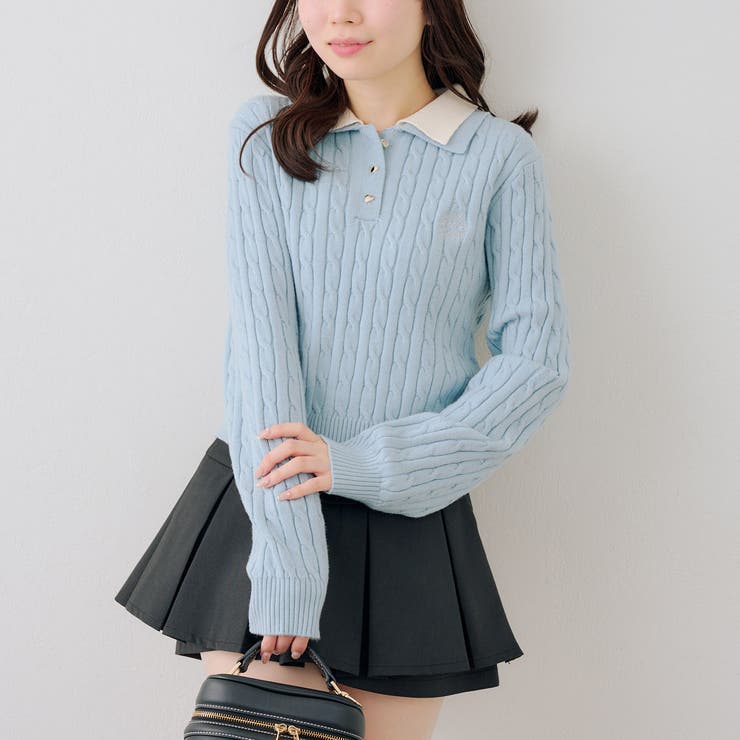 サックス | 2枚衿ケーブルニットポロ | RMAF　NICE CLAUP / OLIVE des OLIVE