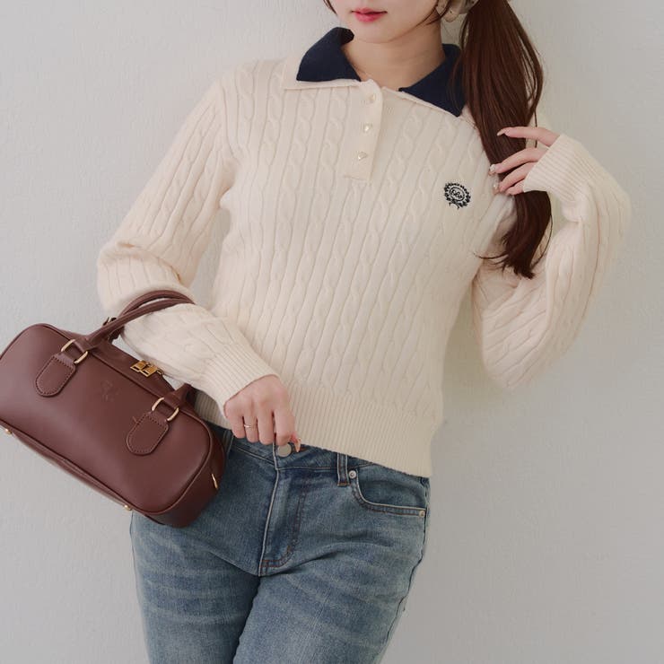 アイボリー | 2枚衿ケーブルニットポロ | RMAF　NICE CLAUP / OLIVE des OLIVE