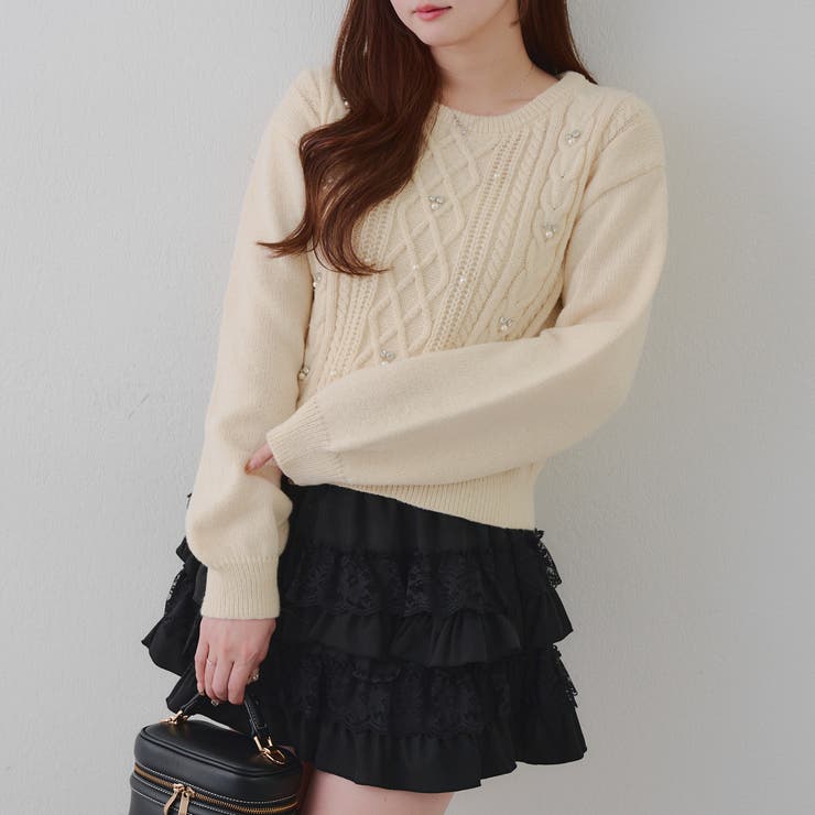 アイボリー | パール付きケーブルニットプルオーバー | RMAF　NICE CLAUP / OLIVE des OLIVE