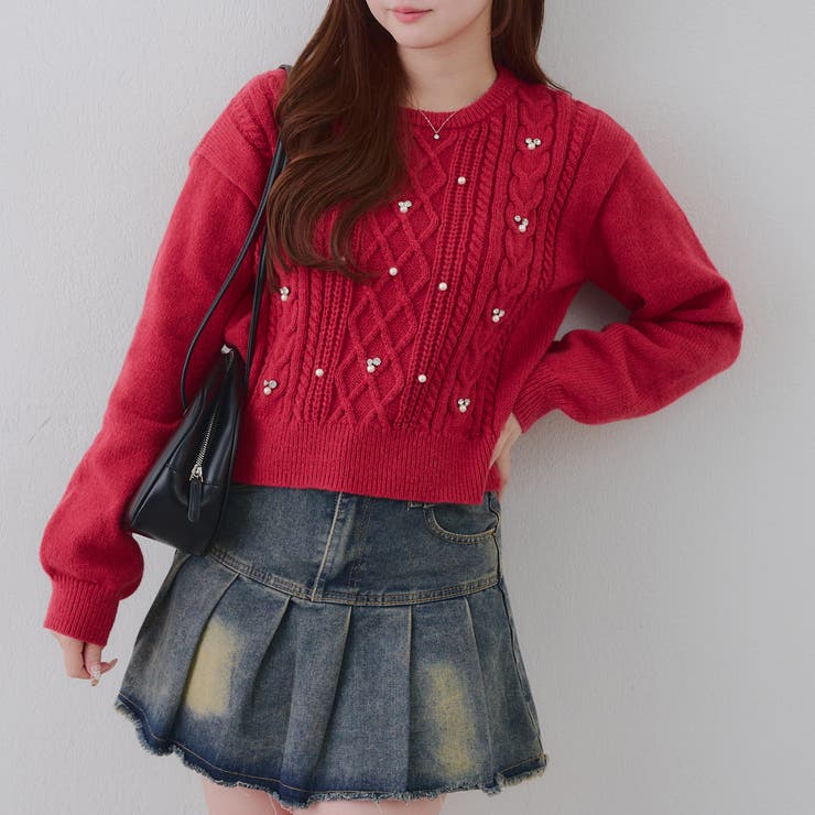 レッド | パール付きケーブルニットプルオーバー | RMAF　NICE CLAUP / OLIVE des OLIVE