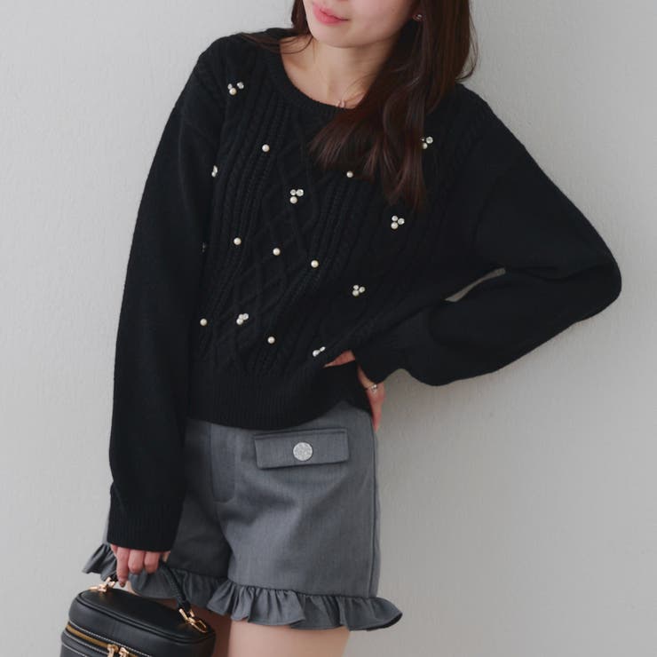ブラック | パール付きケーブルニットプルオーバー | RMAF　NICE CLAUP / OLIVE des OLIVE