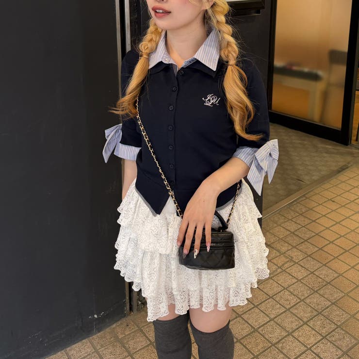 ホワイト系 | 2枚衿ドッキング5分袖ニット | NICE CLAUP / OLIVE des OLIVE　OUTLET