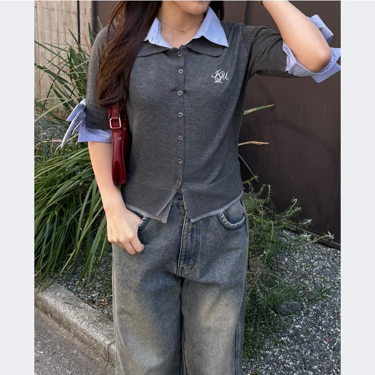 ブルー系 | 2枚衿ドッキング5分袖ニット | NICE CLAUP / OLIVE des OLIVE　OUTLET