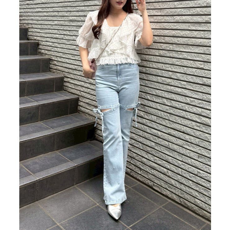 サイドリボンビュー付フレアーデニムパンツ | NICE CLAUP / OLIVE des OLIVE　OUTLET | 詳細画像2 