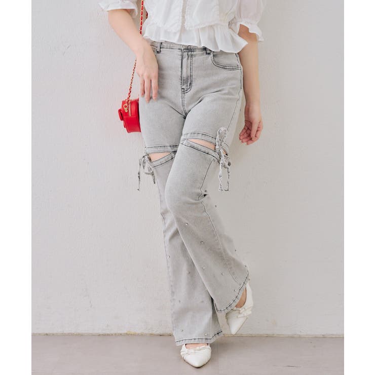 スミクロ | サイドリボンビュー付フレアーデニムパンツ | NICE CLAUP / OLIVE des OLIVE　OUTLET