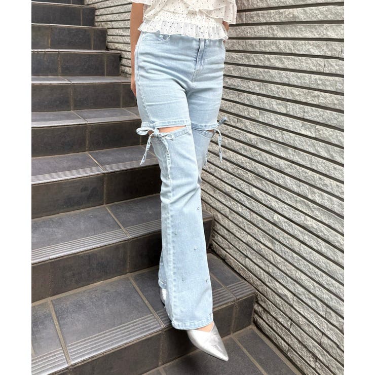 Lブリーチ | サイドリボンビュー付フレアーデニムパンツ | NICE CLAUP / OLIVE des OLIVE　OUTLET