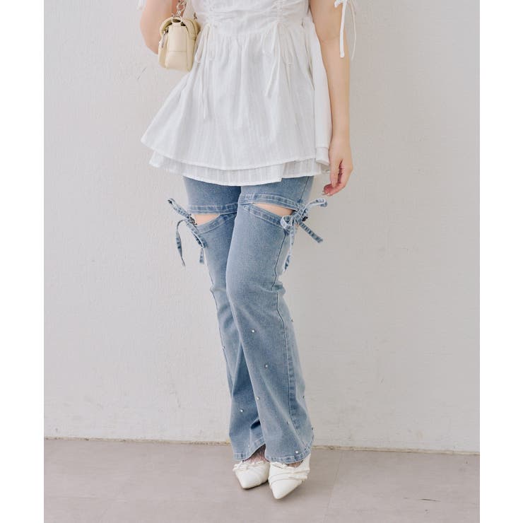 ケミカル | サイドリボンビュー付フレアーデニムパンツ | NICE CLAUP / OLIVE des OLIVE　OUTLET