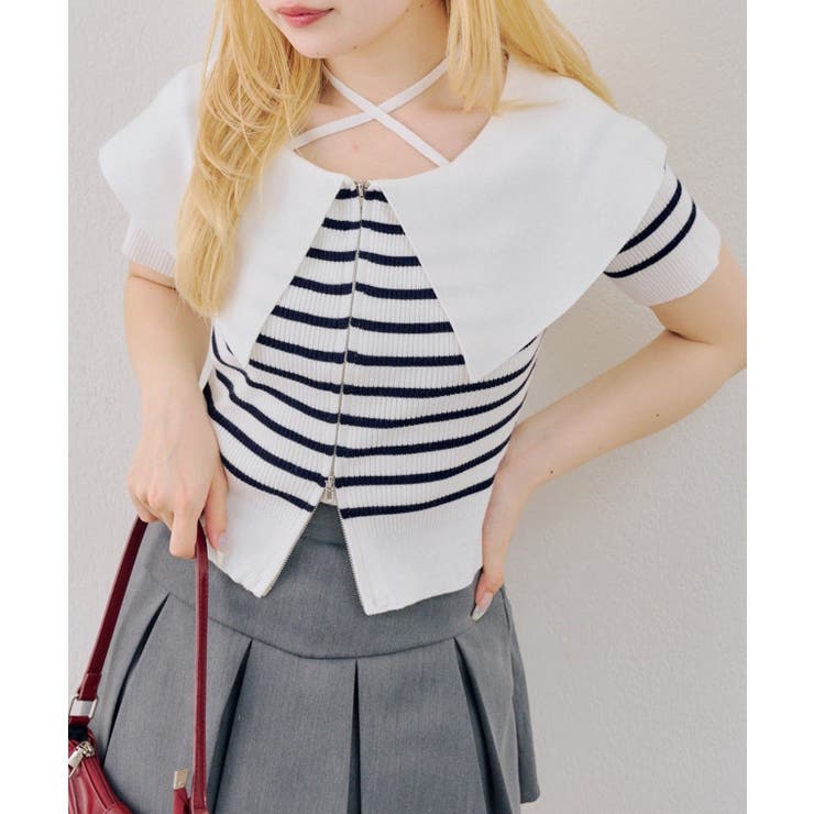 ボーダー | ダブルジップビッグ衿カーディガン | NICE CLAUP / OLIVE des OLIVE　OUTLET