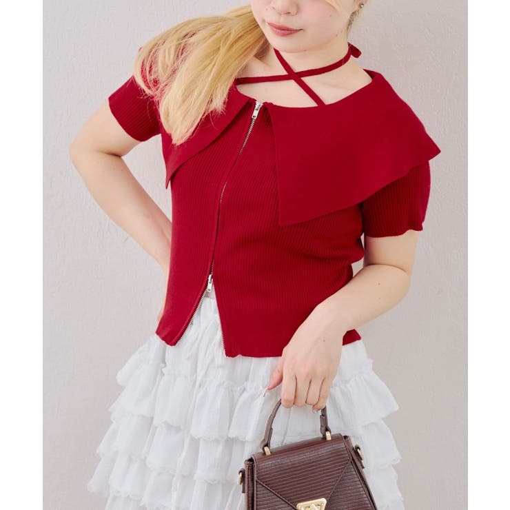 レッド | ダブルジップビッグ衿カーディガン | NICE CLAUP / OLIVE des OLIVE　OUTLET