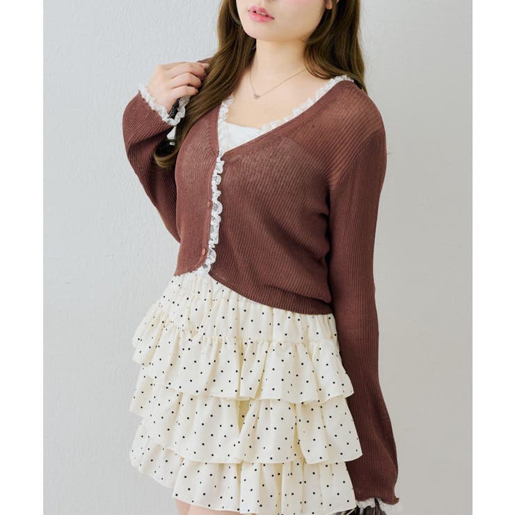 ブラウン | シアーリブレース付Vカーディガン | NICE CLAUP / OLIVE des OLIVE　OUTLET