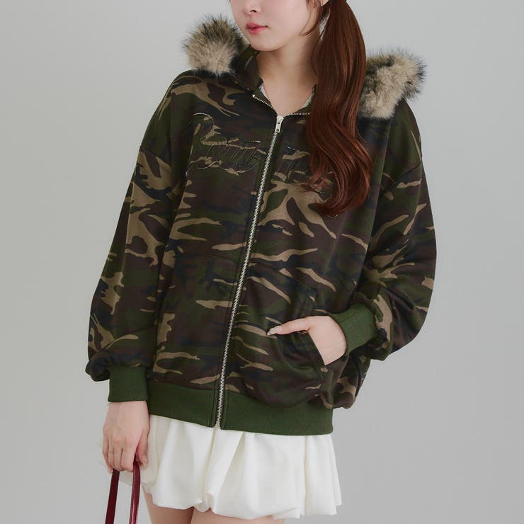 カモフラ | フードファー取外しジップパーカー | RMAF　NICE CLAUP / OLIVE des OLIVE