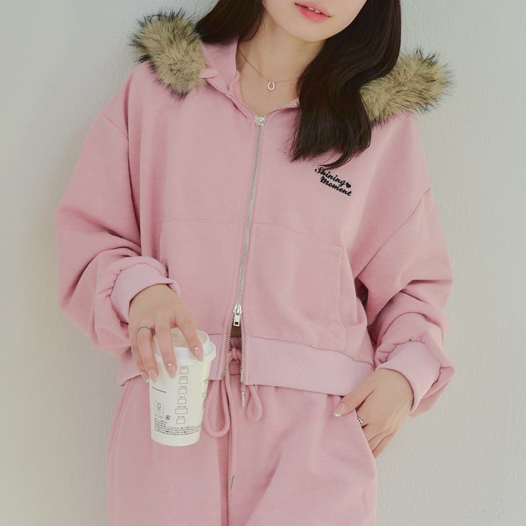 ピンク | 【セットアップ対応】ラインストーンロゴファー取外しパーカー | RMAF　NICE CLAUP / OLIVE des OLIVE