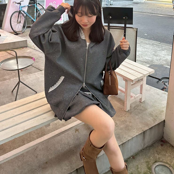 【セットアップ対応】丈の長さを選べる、レース使いジップアップパーカー | RMAF　NICE CLAUP / OLIVE des OLIVE | 詳細画像3 