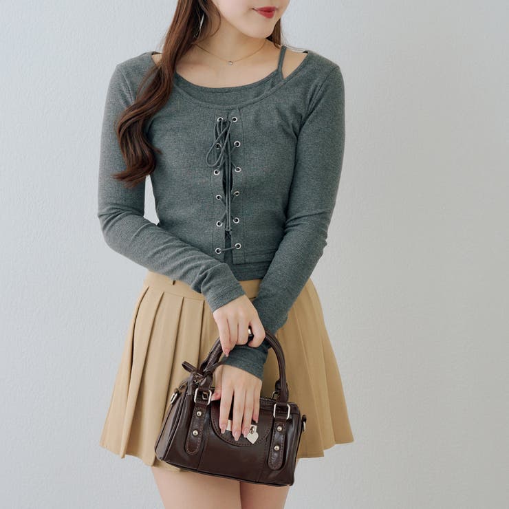 チャコール | レースアップドッキング長袖Tシャツ | NICE CLAUP / OLIVE des OLIVE　OUTLET