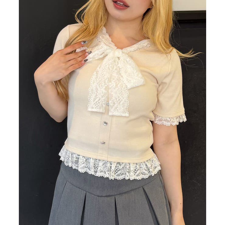 レースリボン付テレコプルオーバー | NICE CLAUP / OLIVE des OLIVE　OUTLET | 詳細画像1 