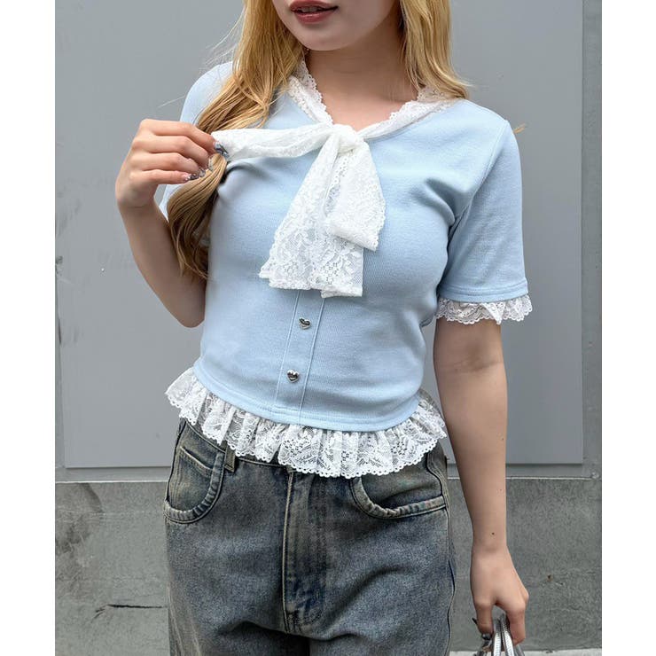 サックス | レースリボン付テレコプルオーバー | NICE CLAUP / OLIVE des OLIVE　OUTLET