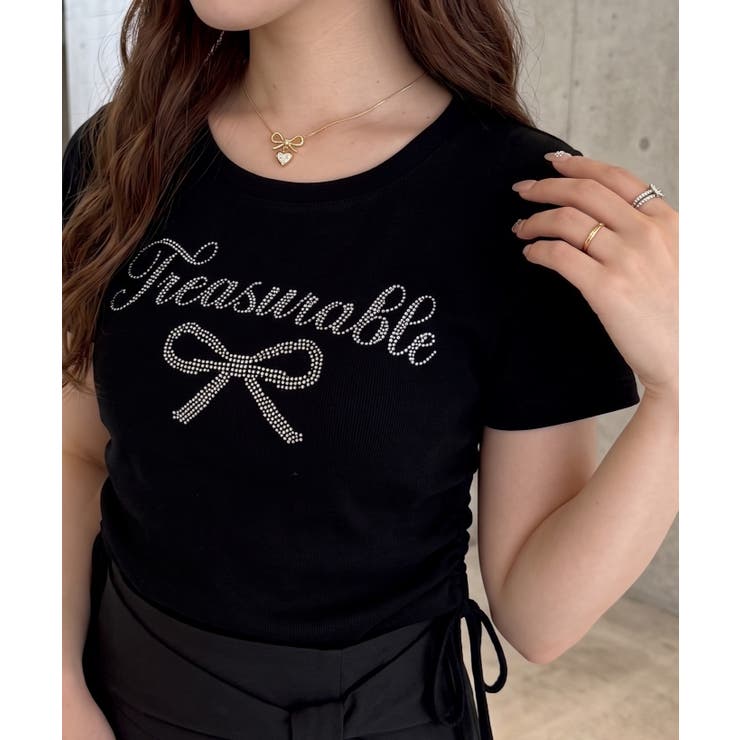 アソートラインストーンロゴ脇ギャザーTシャツ | NICE CLAUP / OLIVE des OLIVE　OUTLET | 詳細画像1 