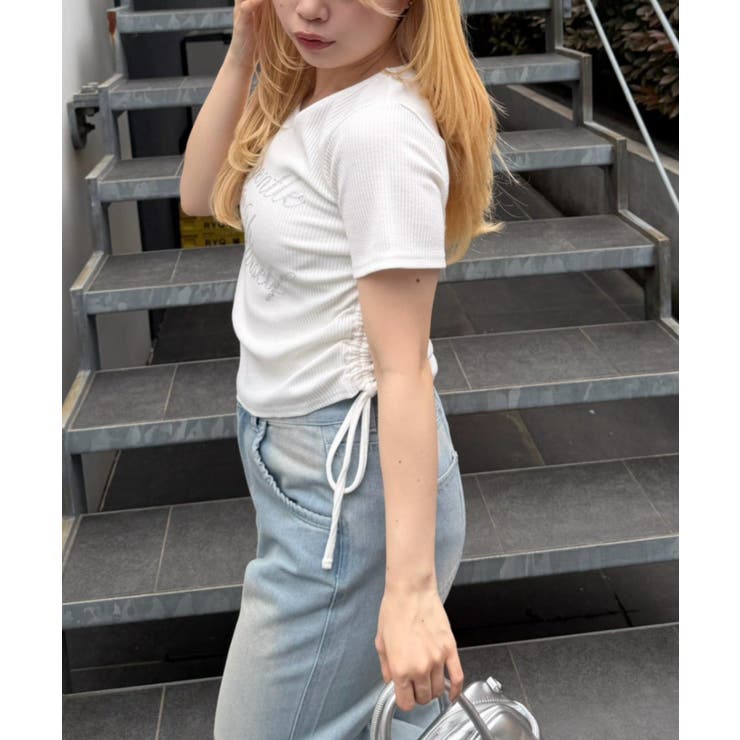 アソートラインストーンロゴ脇ギャザーTシャツ | NICE CLAUP / OLIVE des OLIVE　OUTLET | 詳細画像5 