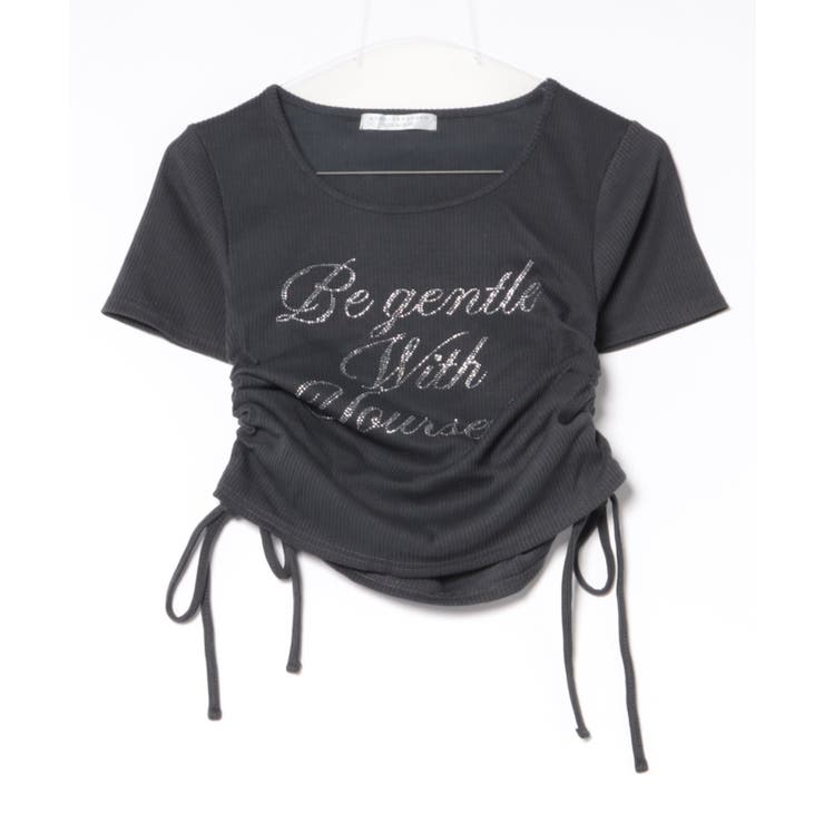 チャコール | アソートラインストーンロゴ脇ギャザーTシャツ | NICE CLAUP / OLIVE des OLIVE　OUTLET