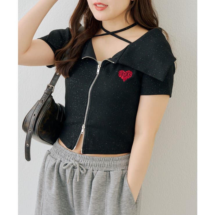 ブラック | ラメテレコダブルジップトップス | NICE CLAUP / OLIVE des OLIVE　OUTLET
