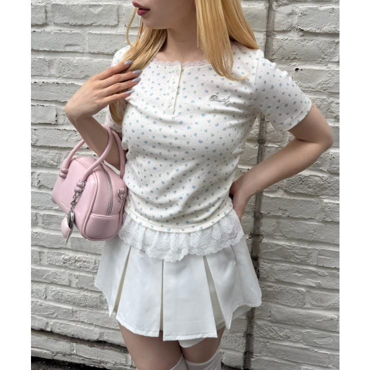 花柄 | テレコ裾レースヘンリーTシャツ | NICE CLAUP / OLIVE des OLIVE　OUTLET