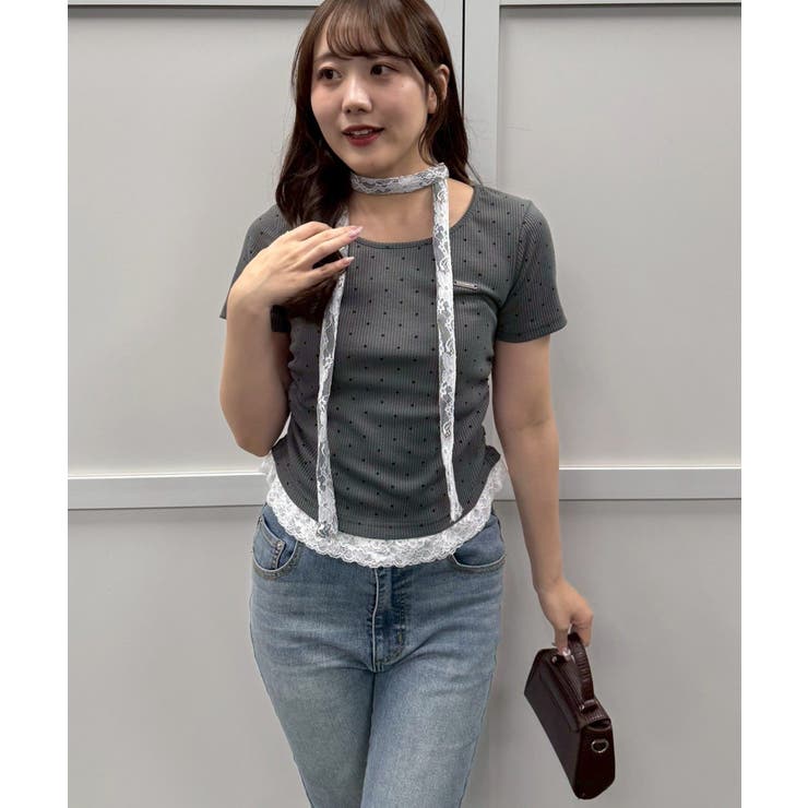 チャコール | ドット裾レースプルオーバー | NICE CLAUP / OLIVE des OLIVE　OUTLET