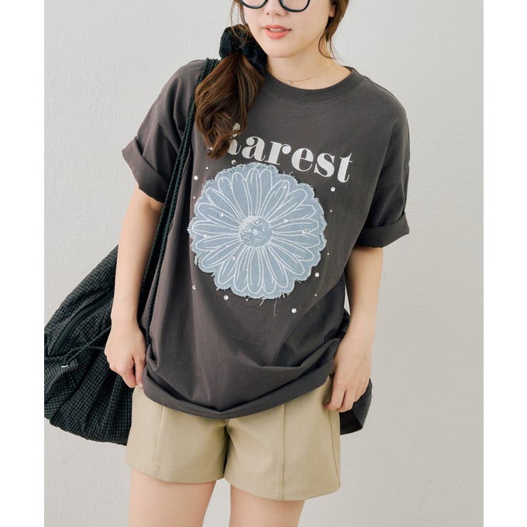 スミクロ | お花×ラインストーンBIGTシャツ | NICE CLAUP / OLIVE des OLIVE　OUTLET