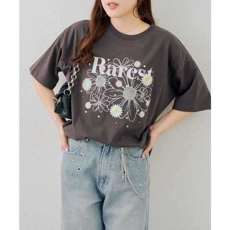 ブラック系 | お花×ラインストーンBIGTシャツ | NICE CLAUP / OLIVE des OLIVE　OUTLET