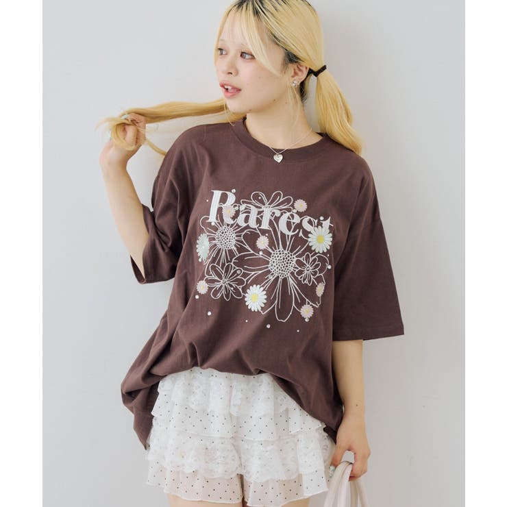 ブラウン系 | お花×ラインストーンBIGTシャツ | NICE CLAUP / OLIVE des OLIVE　OUTLET