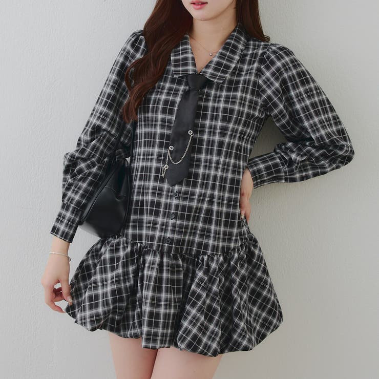 チェック | ネクタイ付裾バルーンミニワンピース | RMAF　NICE CLAUP / OLIVE des OLIVE