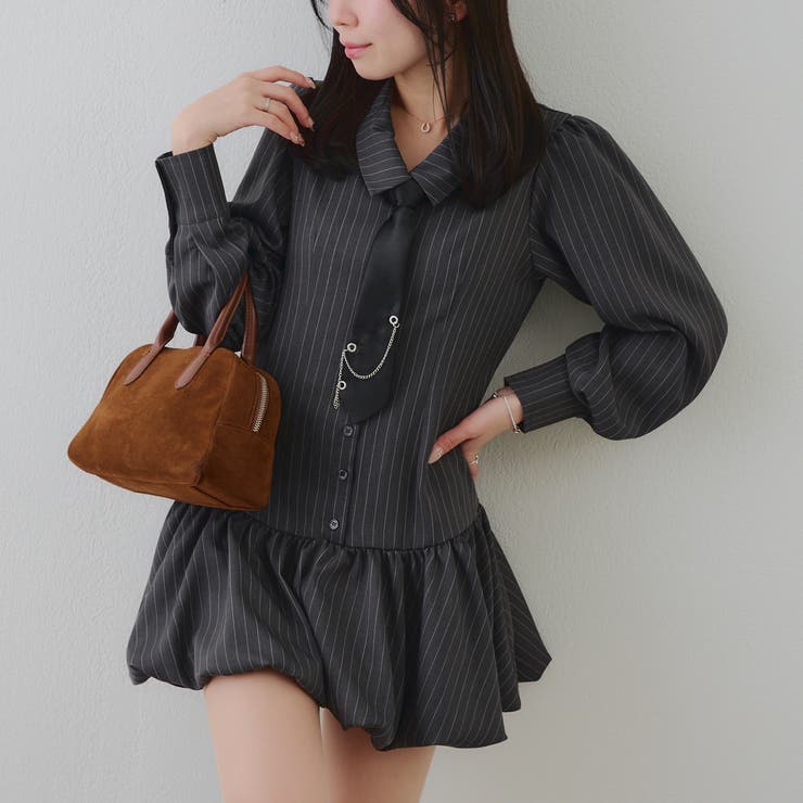 ストライプ | ネクタイ付裾バルーンミニワンピース | RMAF　NICE CLAUP / OLIVE des OLIVE