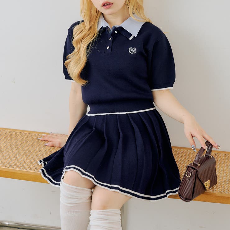 ネイビー | 【セットアップ】ダブル衿ポロ&ミニプリーツスカート | NICE CLAUP / OLIVE des OLIVE　OUTLET