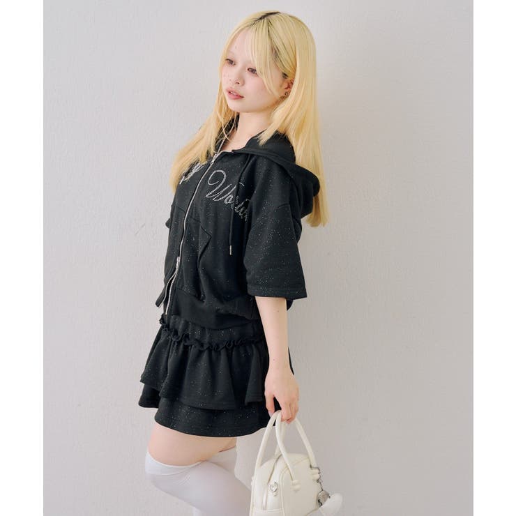 ブラック | 【セットアップ】半袖ジップスウェット+ティアードミニスカート | NICE CLAUP / OLIVE des OLIVE　OUTLET