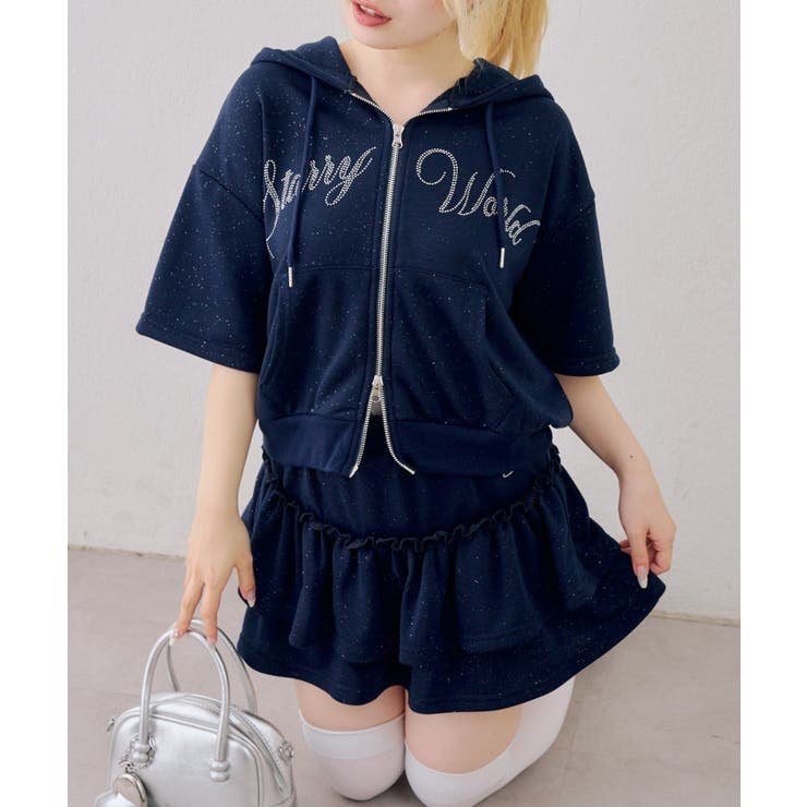 ネイビー | 【セットアップ】半袖ジップスウェット+ティアードミニスカート | NICE CLAUP / OLIVE des OLIVE　OUTLET