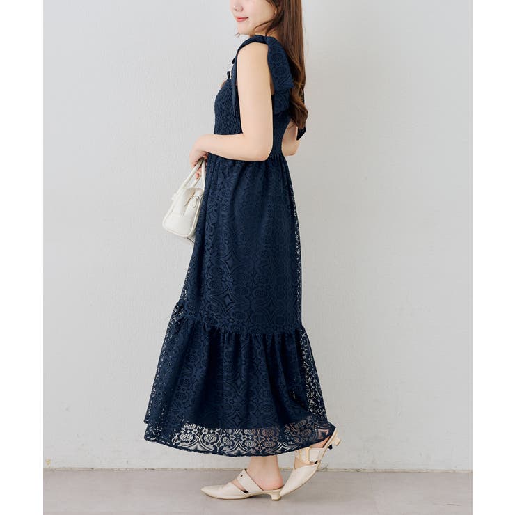 ネイビー | レース肩リボンシャーリングキャミワンピース | NICE CLAUP / OLIVE des OLIVE　OUTLET