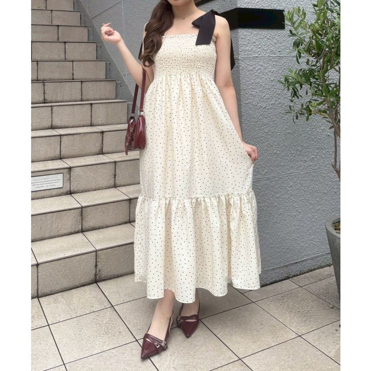 配色肩リボンシャーリングキャミワンピース | NICE CLAUP / OLIVE des OLIVE　OUTLET | 詳細画像1 
