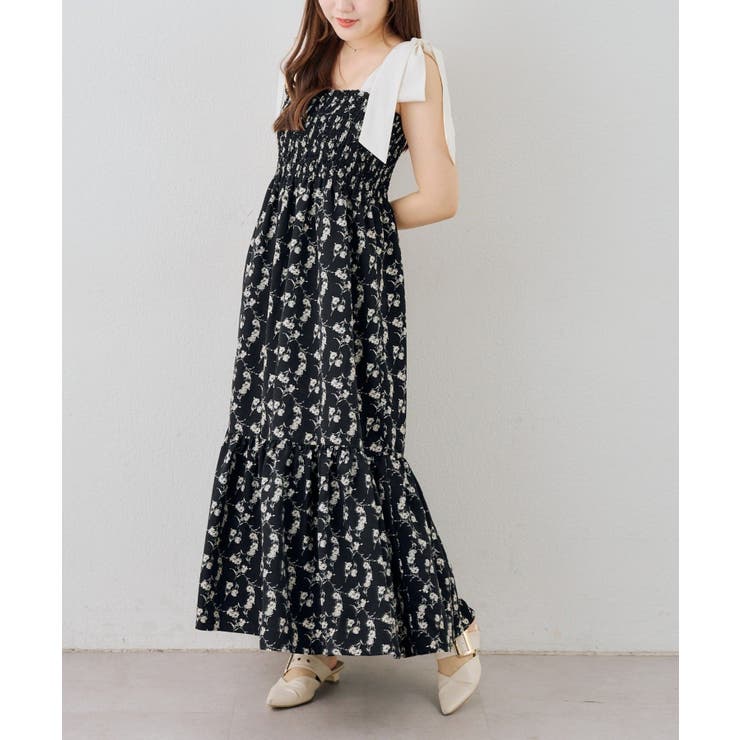 ブラック系 | 配色肩リボンシャーリングキャミワンピース | NICE CLAUP / OLIVE des OLIVE　OUTLET
