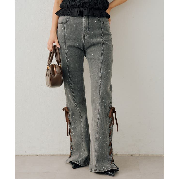 ブラック | レースアップビジュー付フレアーパンツ | NICE CLAUP / OLIVE des OLIVE　OUTLET
